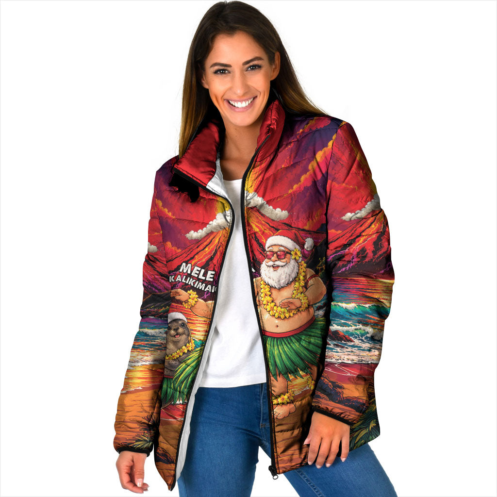 Hawaii Volcano Christmas Padded Jacket Hula Santa And Monk Seal