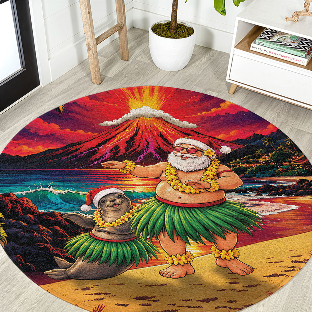 Hawaii Volcano Christmas Round Carpet Hula Santa And Monk Seal