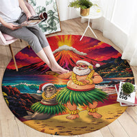 Hawaii Volcano Christmas Round Carpet Hula Santa And Monk Seal