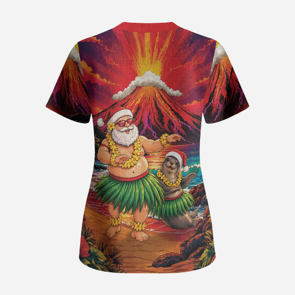 Hawaii Volcano Christmas Scrub Top Hula Santa And Monk Seal LT05 - Polynesian Pride