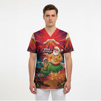 Hawaii Volcano Christmas Scrub Top Hula Santa And Monk Seal LT05 - Polynesian Pride