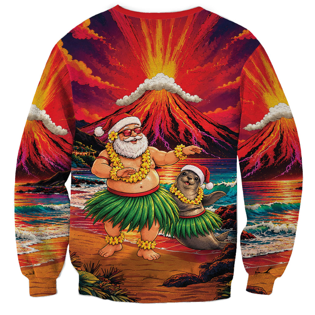Hawaii Volcano Christmas Sweatshirt Hula Santa And Monk Seal LT05 - Polynesian Pride