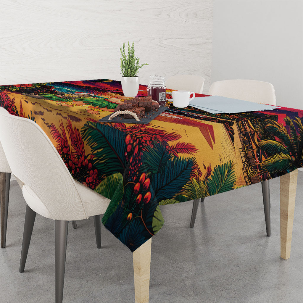 Hawaii Volcano Christmas Tablecloth Hula Santa And Monk Seal