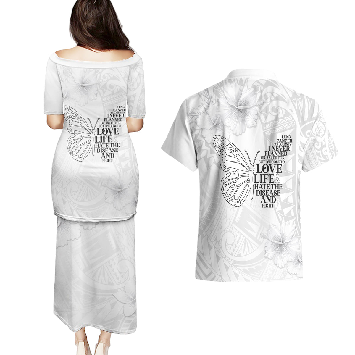 Lung Cancer Awareness Couples Matching Puletasi Dress and Hawaiian Shirt Never Give Up Polynesian Style LT05 - Polynesian Pride