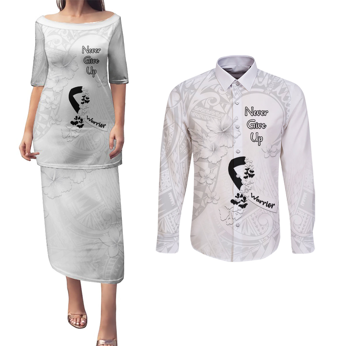 Lung Cancer Awareness Couples Matching Puletasi Dress and Long Sleeve Button Shirt Never Give Up Polynesian Style LT05 White - Polynesian Pride