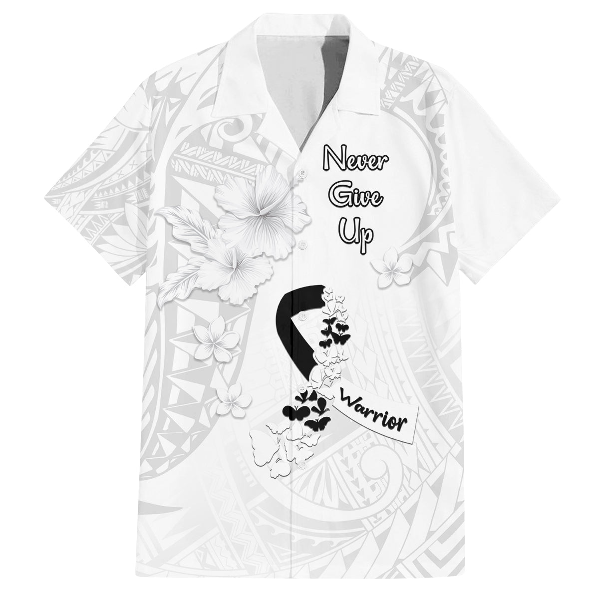 Lung Cancer Awareness Family Matching Puletasi Dress and Hawaiian Shirt Never Give Up Polynesian Style LT05 Dad's Shirt - Short Sleeve White - Polynesian Pride