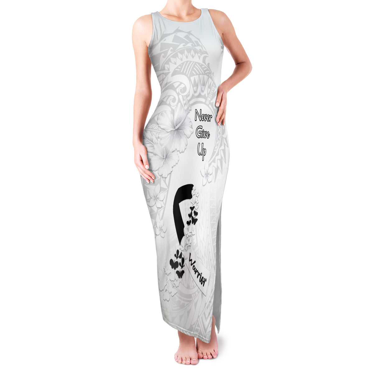 Lung Cancer Awareness Family Matching Tank Maxi Dress and Hawaiian Shirt Never Give Up Polynesian Style LT05 Mom's Dress White - Polynesian Pride
