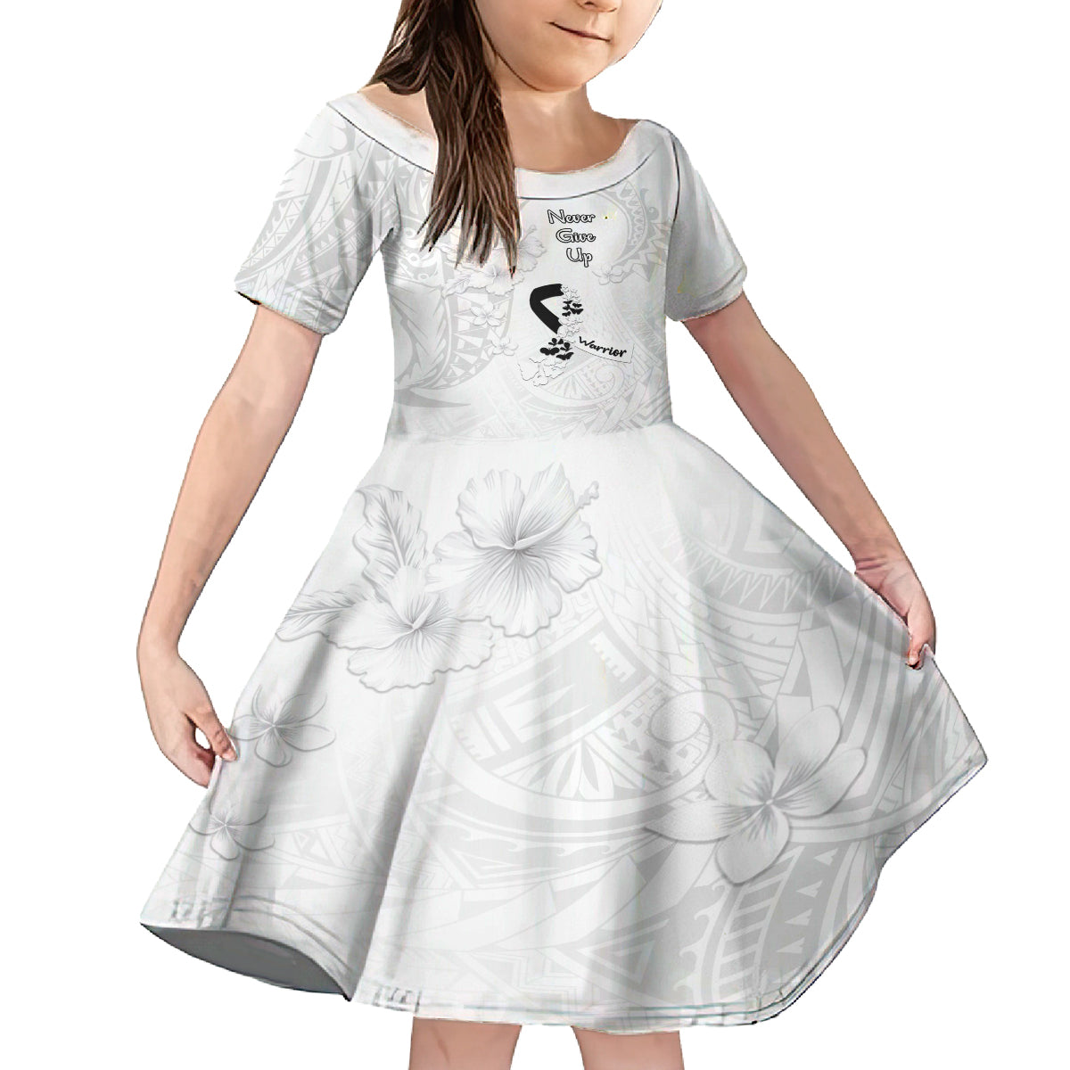 Lung Cancer Awareness Kid Short Sleeve Dress Never Give Up Polynesian Style LT05 KID White - Polynesian Pride