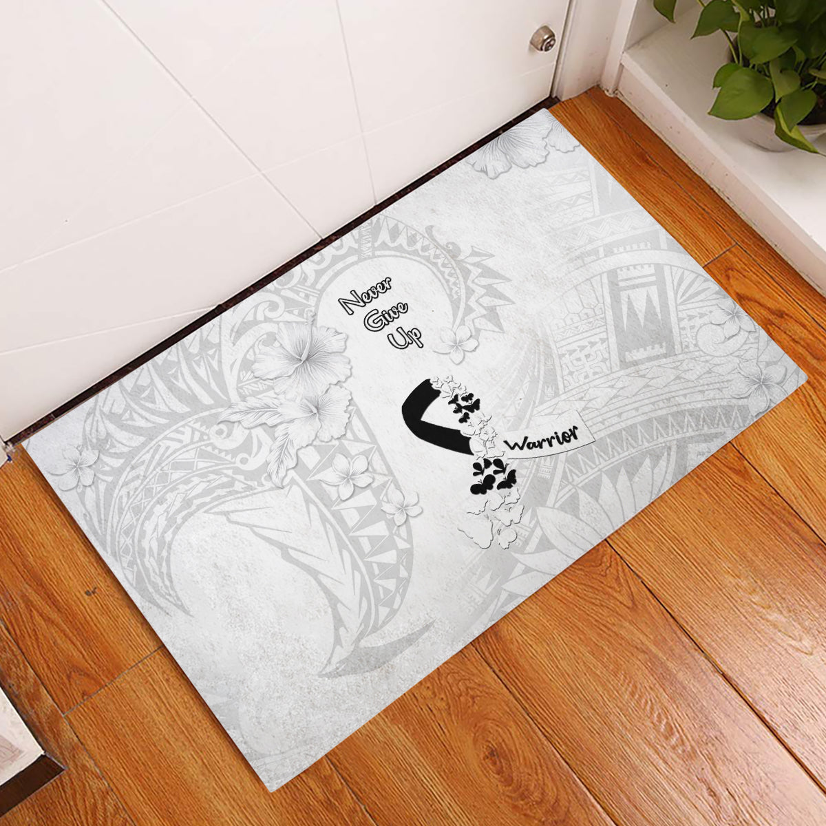 Lung Cancer Awareness Rubber Doormat Never Give Up Polynesian Style LT05 White - Polynesian Pride
