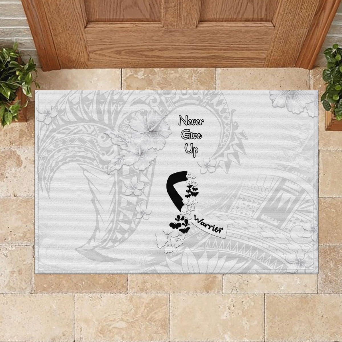 Lung Cancer Awareness Rubber Doormat Never Give Up Polynesian Style LT05 - Polynesian Pride