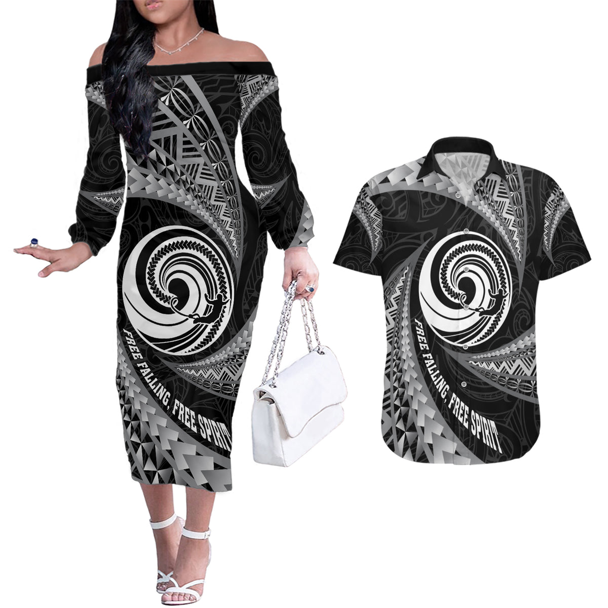 Personalised New Zealand Bungy Jumping Couples Matching Off The Shoulder Long Sleeve Dress and Hawaiian Shirt Maori Pattern LT05 Black - Polynesian Pride