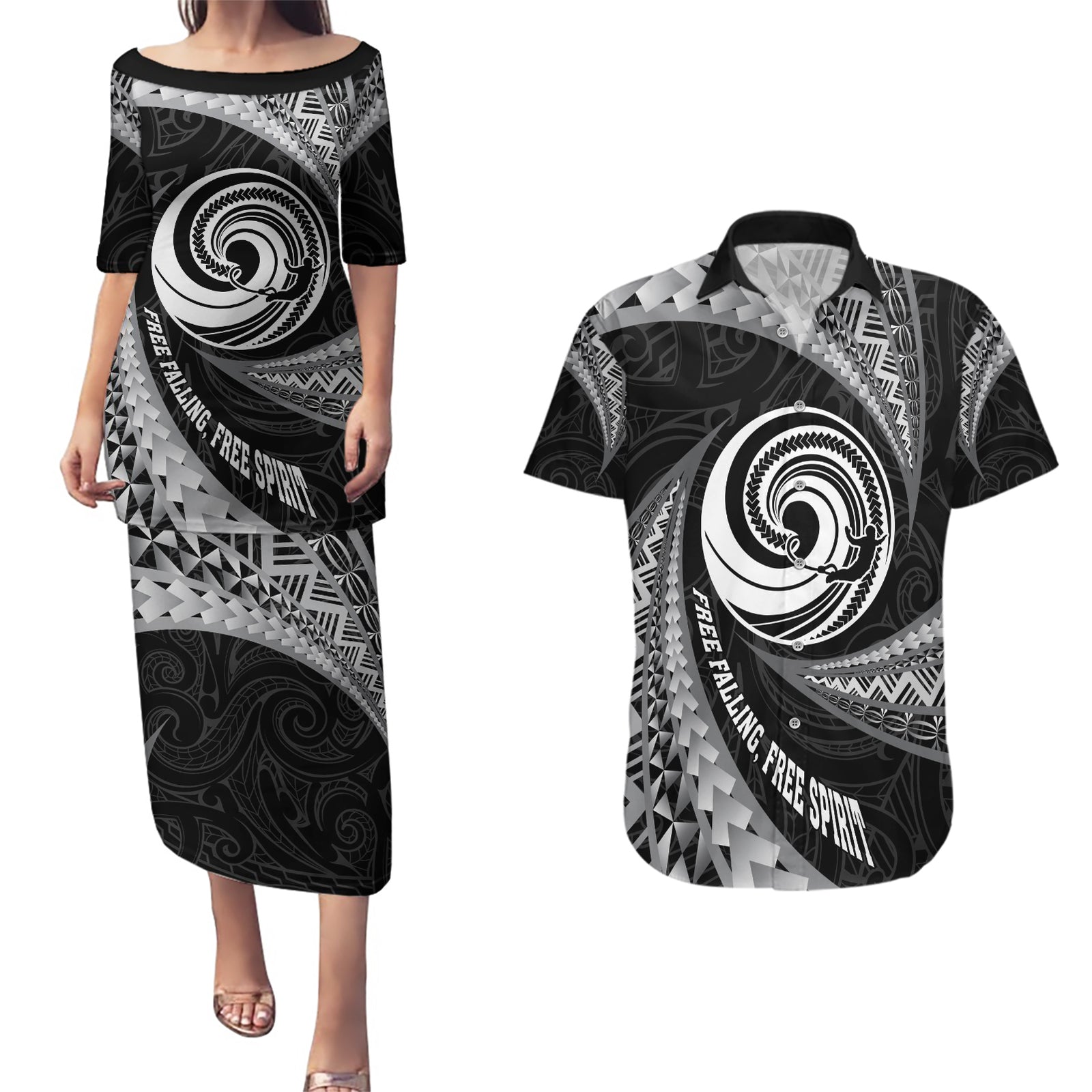 Personalised New Zealand Bungy Jumping Couples Matching Puletasi Dress and Hawaiian Shirt Maori Pattern LT05 Black - Polynesian Pride