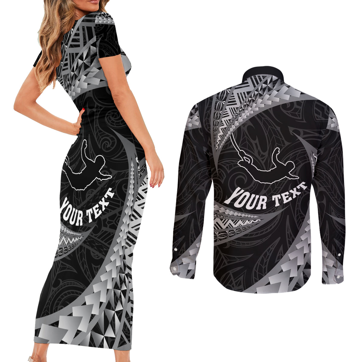 Personalised New Zealand Bungy Jumping Couples Matching Short Sleeve Bodycon Dress and Long Sleeve Button Shirt Maori Pattern LT05 - Polynesian Pride