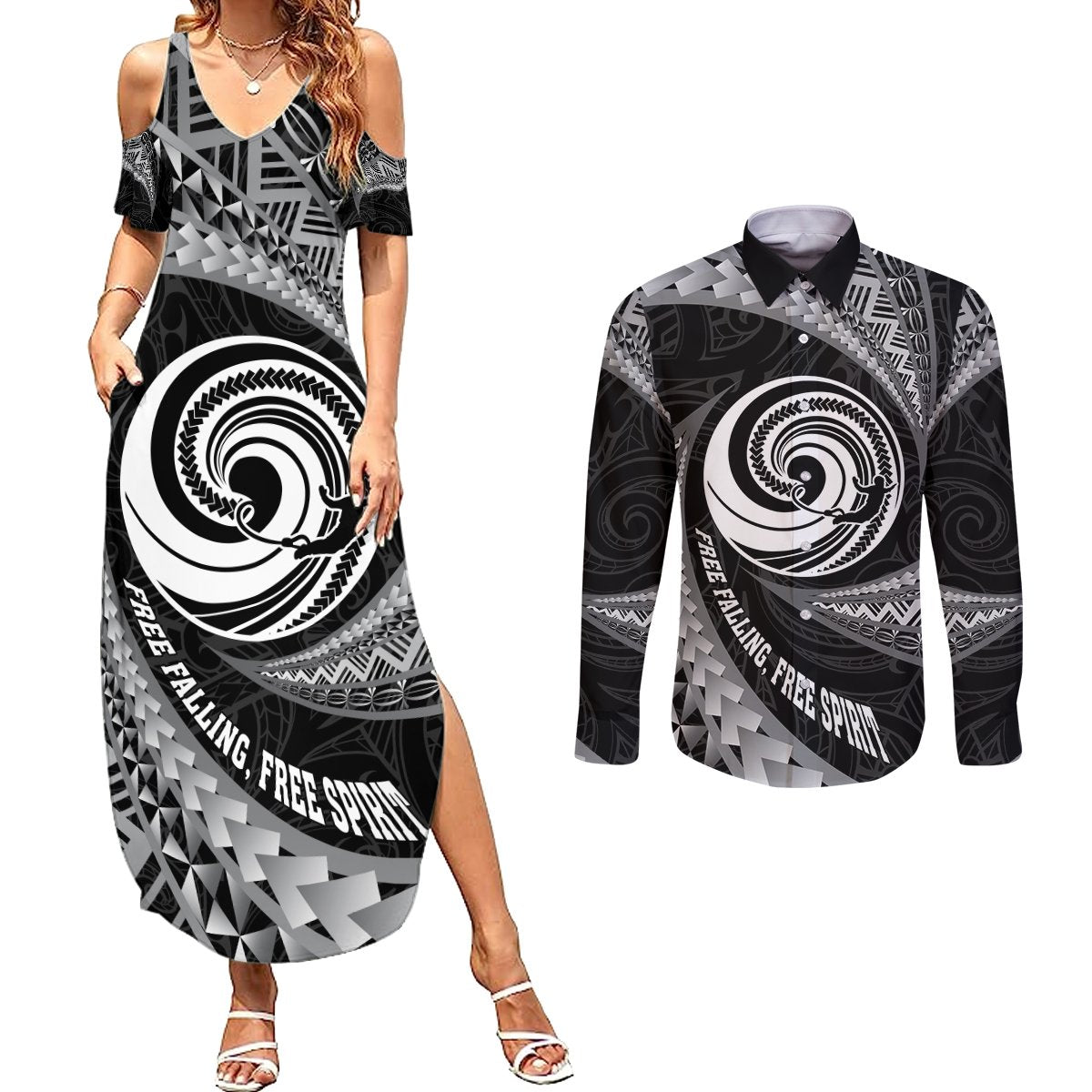 Personalised New Zealand Bungy Jumping Couples Matching Summer Maxi Dress and Long Sleeve Button Shirt Maori Pattern LT05 Black - Polynesian Pride