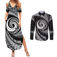 Personalised New Zealand Bungy Jumping Couples Matching Summer Maxi Dress and Long Sleeve Button Shirt Maori Pattern LT05 Black - Polynesian Pride