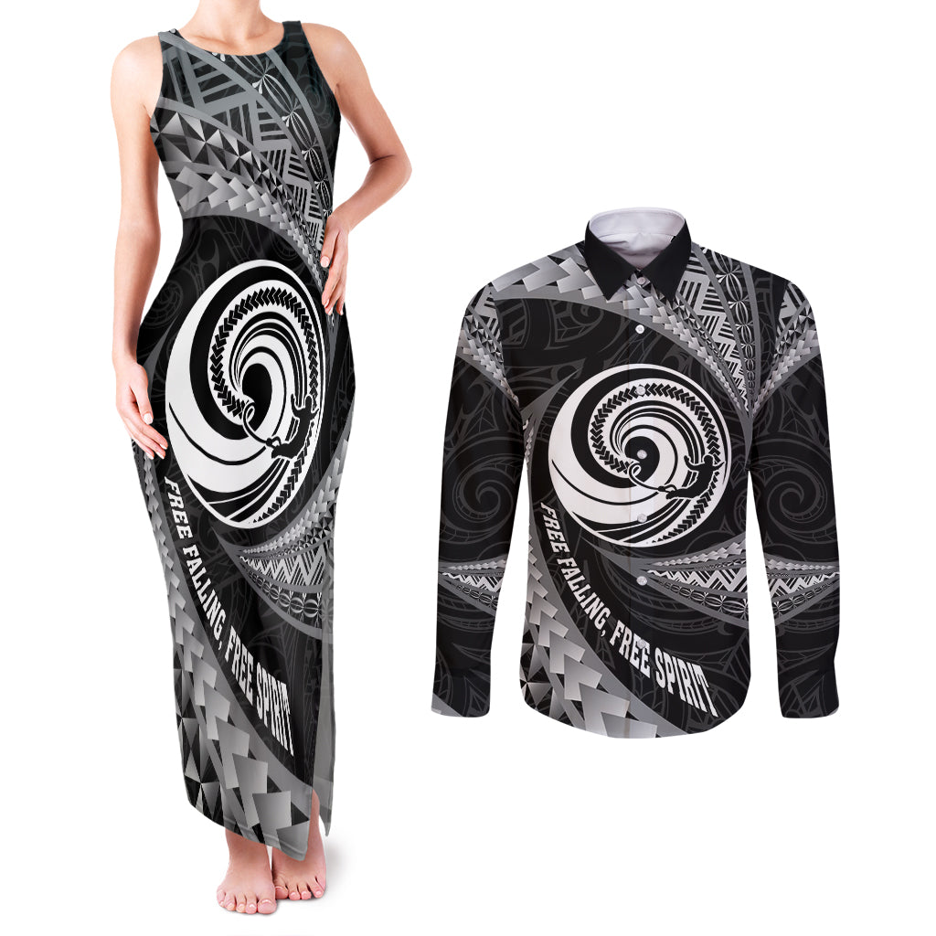 Personalised New Zealand Bungy Jumping Couples Matching Tank Maxi Dress and Long Sleeve Button Shirt Maori Pattern LT05 Black - Polynesian Pride