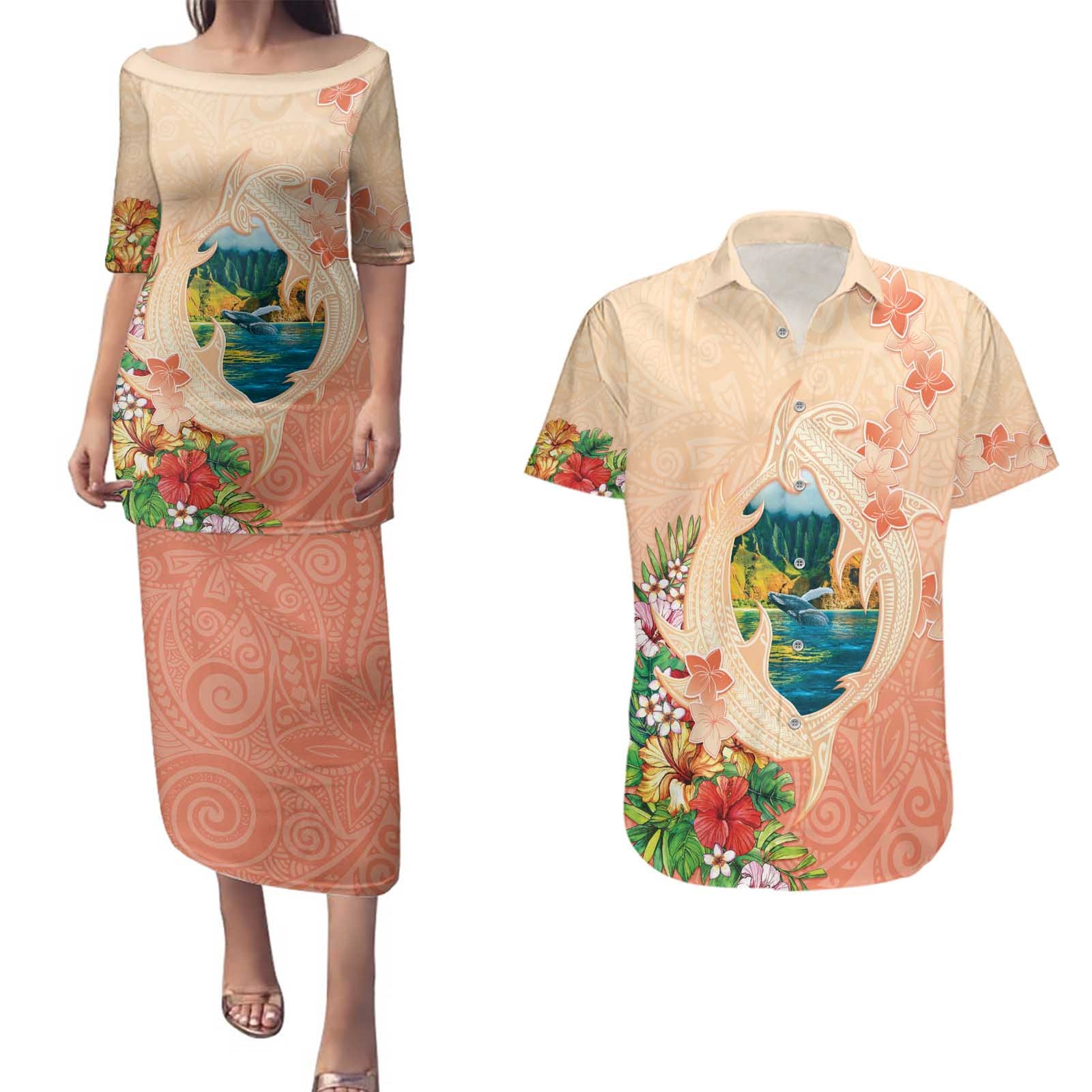 Hawaii Kauai Na Pali Coast Landscape Couples Matching Puletasi and Hawaiian Shirt