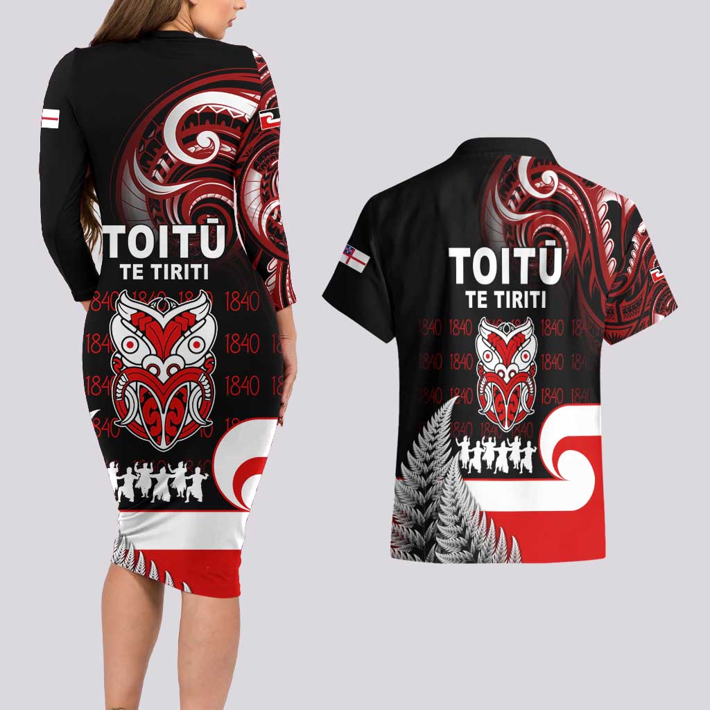 Aotearoa Toitu He Whakaputanga Couples Matching Long Sleeve Bodycon Dress and Hawaiian Shirt Toitu Te Tiriti O Waitangi LT05 - Polynesian Pride