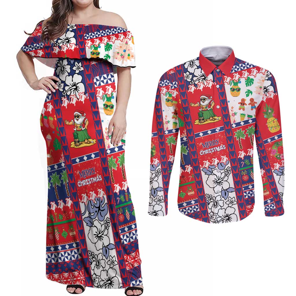 Wallis And Futuna Christmas Couples Matching Off Shoulder Maxi Dress and Long Sleeve Button Shirt Festive Beach Vibes - Polynesian Pride