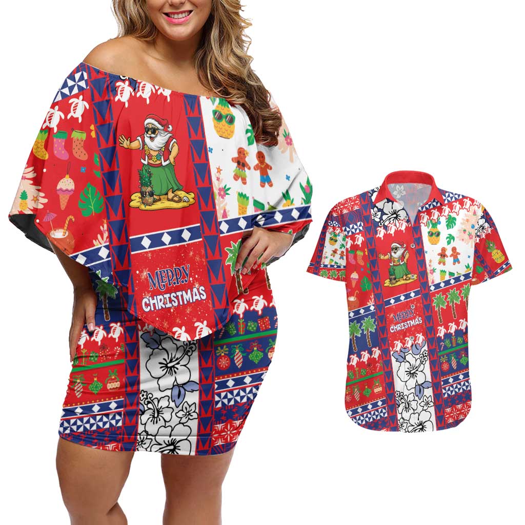 Wallis And Futuna Christmas Couples Matching Off Shoulder Short Dress and Hawaiian Shirt Festive Beach Vibes - Polynesian Pride