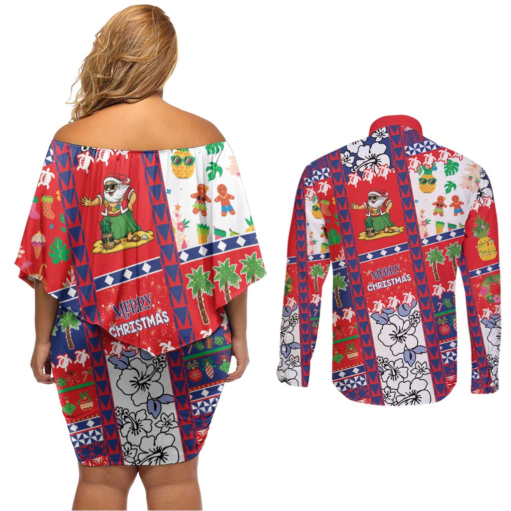 Wallis And Futuna Christmas Couples Matching Off Shoulder Short Dress and Long Sleeve Button Shirt Festive Beach Vibes - Polynesian Pride