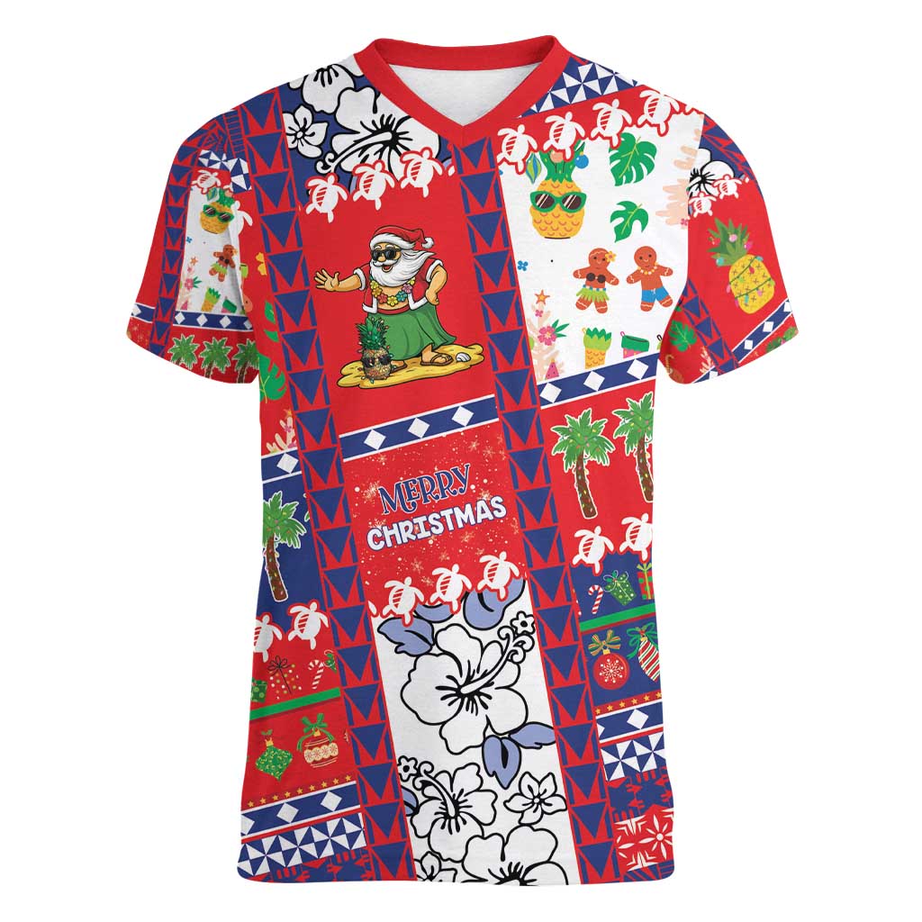 Wallis And Futuna Christmas Women V-Neck T-Shirt Festive Beach Vibes - Polynesian Pride