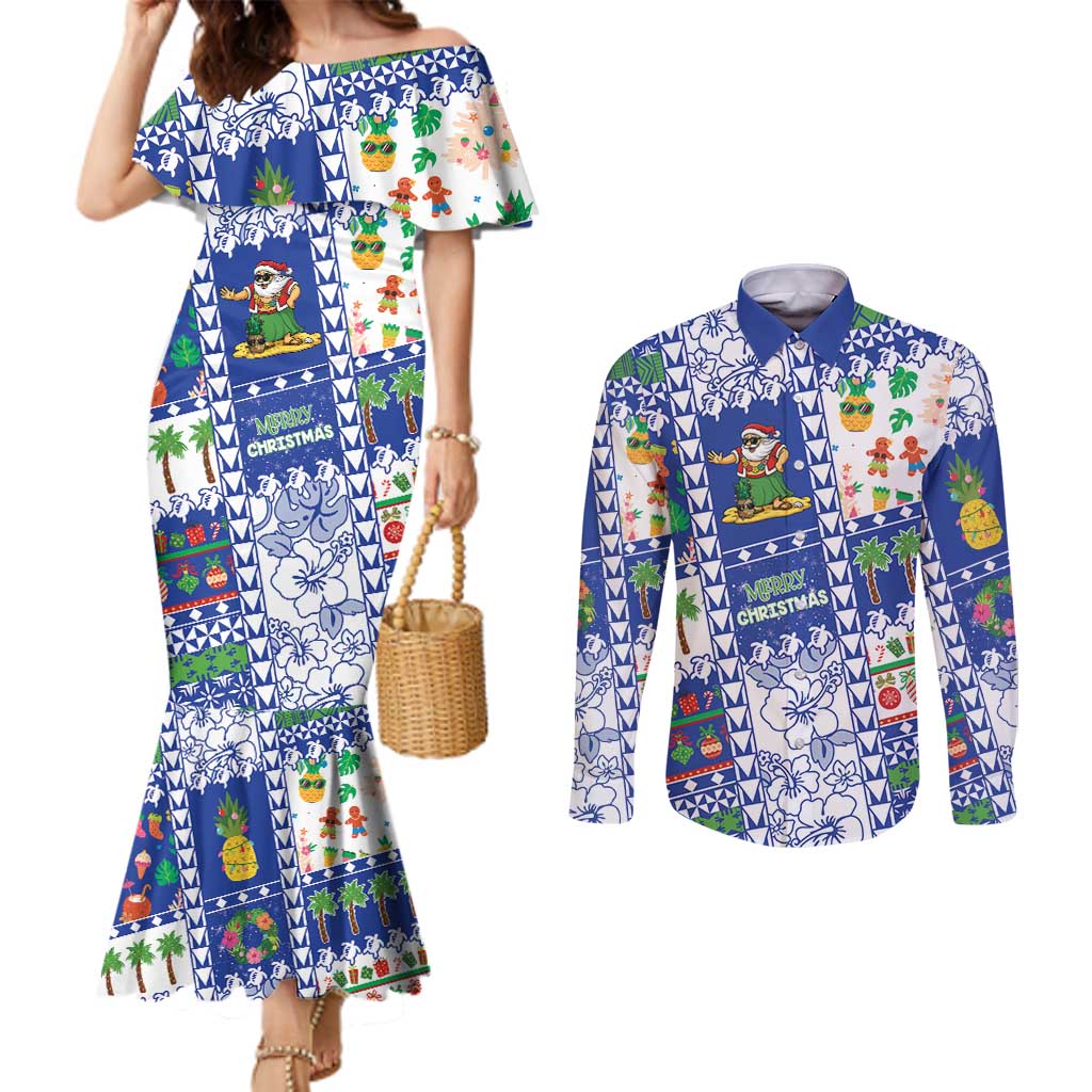Northern Mariana Islands Christmas Couples Matching Mermaid Dress and Long Sleeve Button Shirt Festive Beach Vibes LT05 Blue - Polynesian Pride