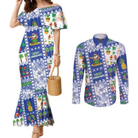 Northern Mariana Islands Christmas Couples Matching Mermaid Dress and Long Sleeve Button Shirt Festive Beach Vibes LT05 Blue - Polynesian Pride