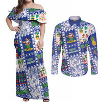Northern Mariana Islands Christmas Couples Matching Off Shoulder Maxi Dress and Long Sleeve Button Shirt Festive Beach Vibes LT05 Blue - Polynesian Pride