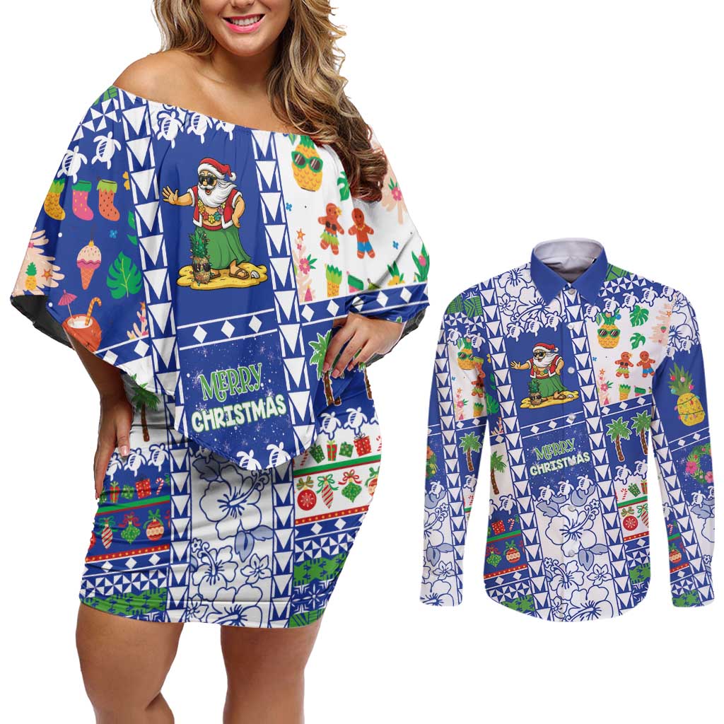 Northern Mariana Islands Christmas Couples Matching Off Shoulder Short Dress and Long Sleeve Button Shirt Festive Beach Vibes LT05 Blue - Polynesian Pride