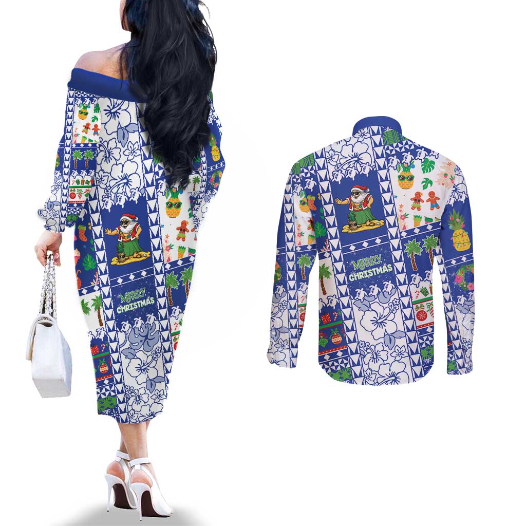 Northern Mariana Islands Christmas Couples Matching Off The Shoulder Long Sleeve Dress and Long Sleeve Button Shirt Festive Beach Vibes LT05 - Polynesian Pride