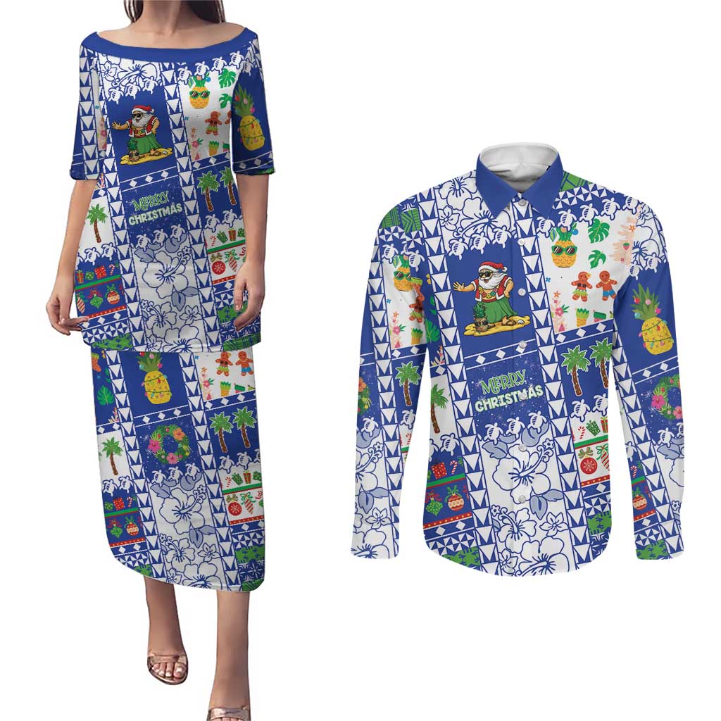 Northern Mariana Islands Christmas Couples Matching Puletasi and Long Sleeve Button Shirt Festive Beach Vibes LT05 Blue - Polynesian Pride