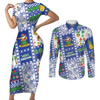 Northern Mariana Islands Christmas Couples Matching Short Sleeve Bodycon Dress and Long Sleeve Button Shirt Festive Beach Vibes LT05 Blue - Polynesian Pride
