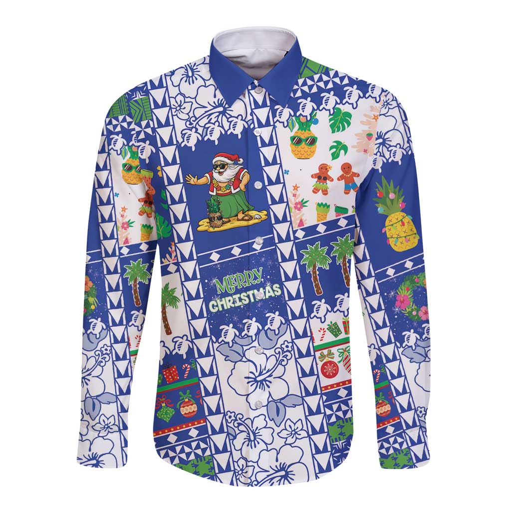 Northern Mariana Islands Christmas Long Sleeve Button Shirt Festive Beach Vibes LT05 Unisex Blue - Polynesian Pride