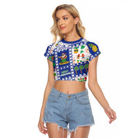 Northern Mariana Islands Christmas Raglan Cropped T Shirt Festive Beach Vibes LT05 Female Blue - Polynesian Pride