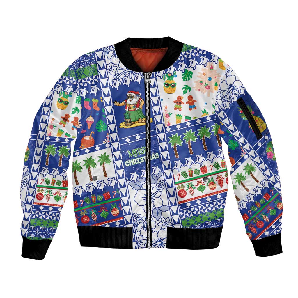 Northern Mariana Islands Christmas Sleeve Zip Bomber Jacket Festive Beach Vibes LT05 Unisex Blue - Polynesian Pride