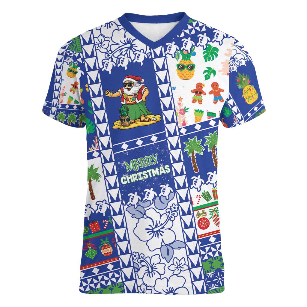 Northern Mariana Islands Christmas Women V-Neck T-Shirt Festive Beach Vibes - Polynesian Pride