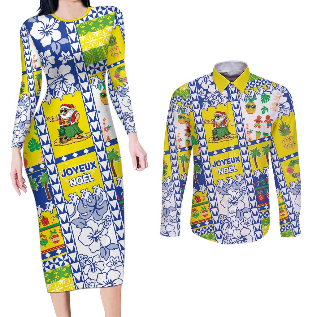 New Caledonia Christmas Couples Matching Long Sleeve Bodycon Dress and Long Sleeve Button Shirt Festive Beach Vibes LT05 Yellow - Polynesian Pride