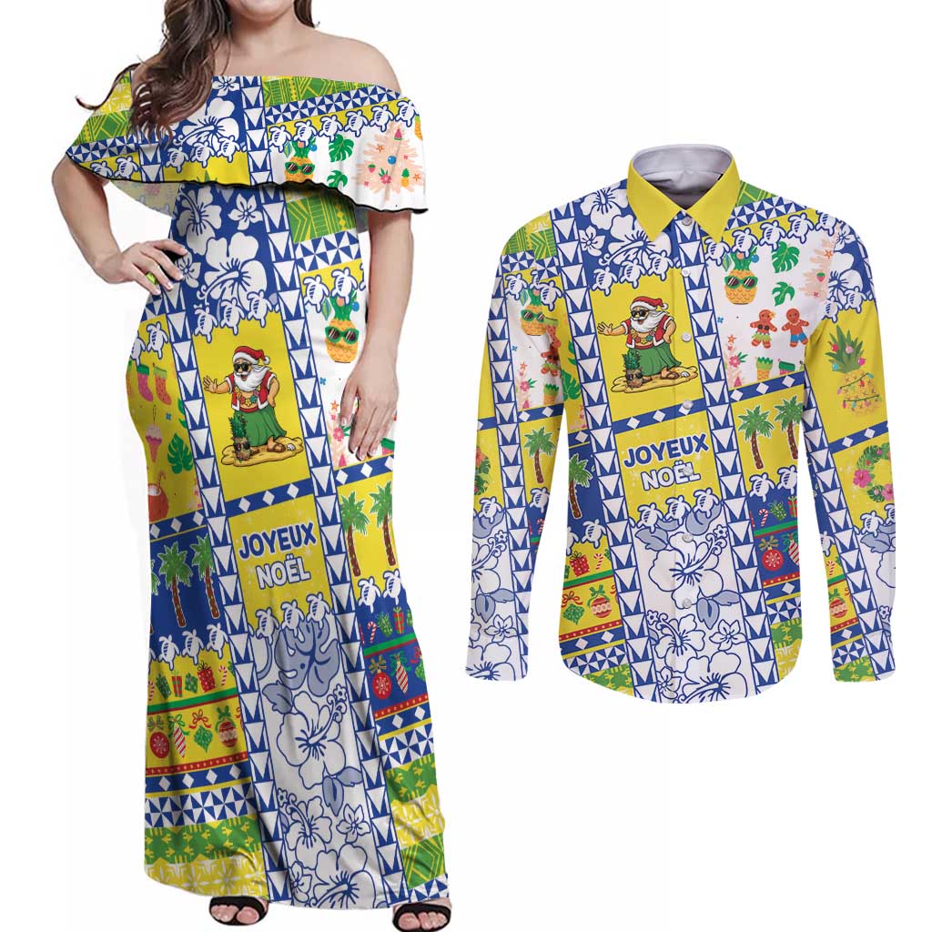 New Caledonia Christmas Couples Matching Off Shoulder Maxi Dress and Long Sleeve Button Shirt Festive Beach Vibes LT05 Yellow - Polynesian Pride