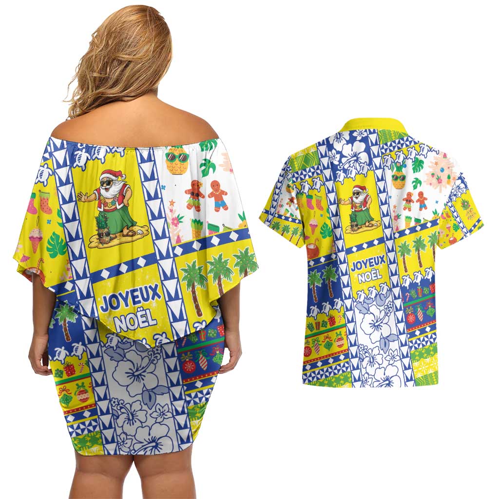 New Caledonia Christmas Couples Matching Off Shoulder Short Dress and Hawaiian Shirt Festive Beach Vibes - Polynesian Pride