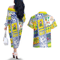 New Caledonia Christmas Couples Matching Off The Shoulder Long Sleeve Dress and Hawaiian Shirt Festive Beach Vibes - Polynesian Pride