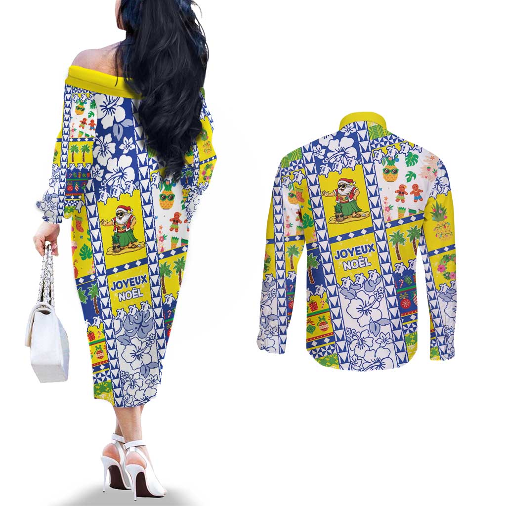 New Caledonia Christmas Couples Matching Off The Shoulder Long Sleeve Dress and Long Sleeve Button Shirt Festive Beach Vibes LT05 - Polynesian Pride