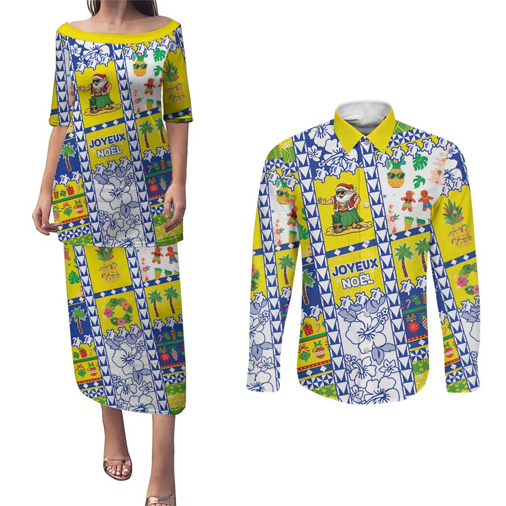 New Caledonia Christmas Couples Matching Puletasi and Long Sleeve Button Shirt Festive Beach Vibes LT05 Yellow - Polynesian Pride