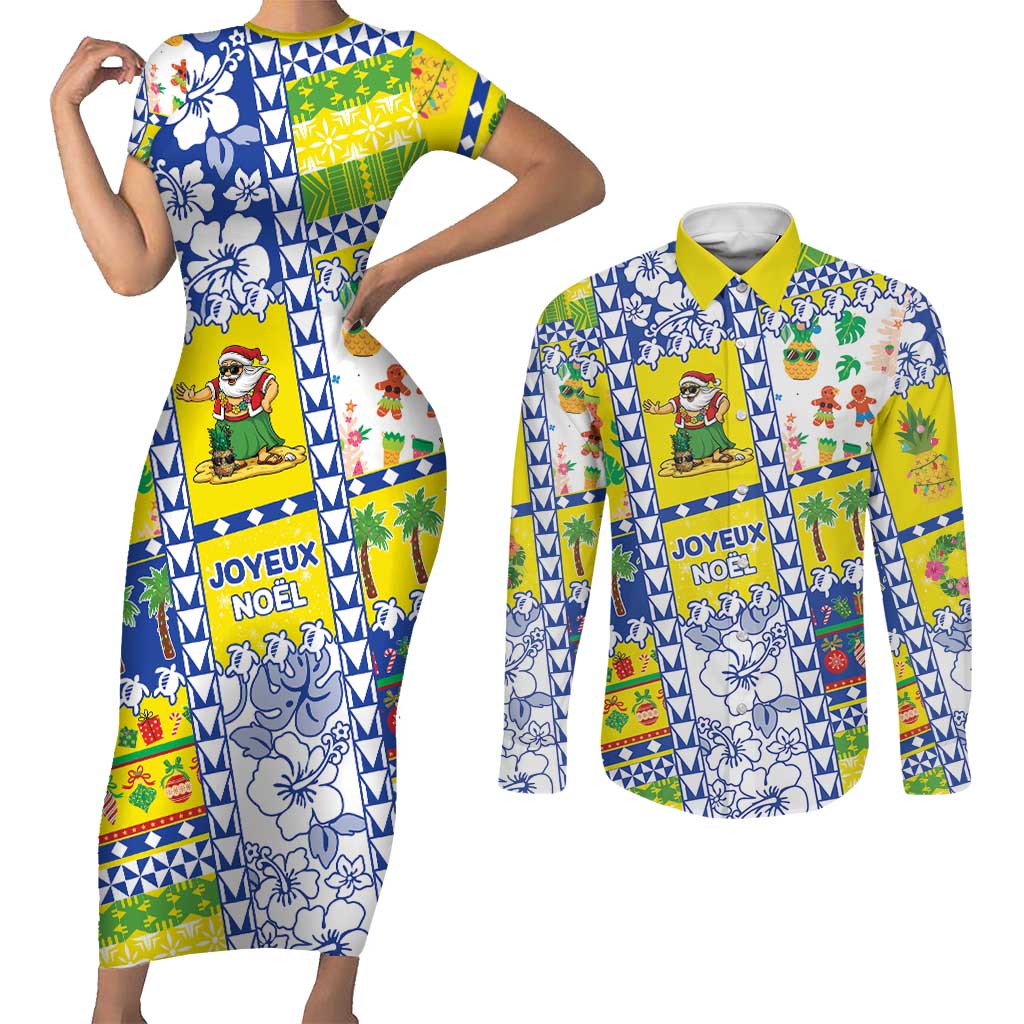 New Caledonia Christmas Couples Matching Short Sleeve Bodycon Dress and Long Sleeve Button Shirt Festive Beach Vibes LT05 Yellow - Polynesian Pride