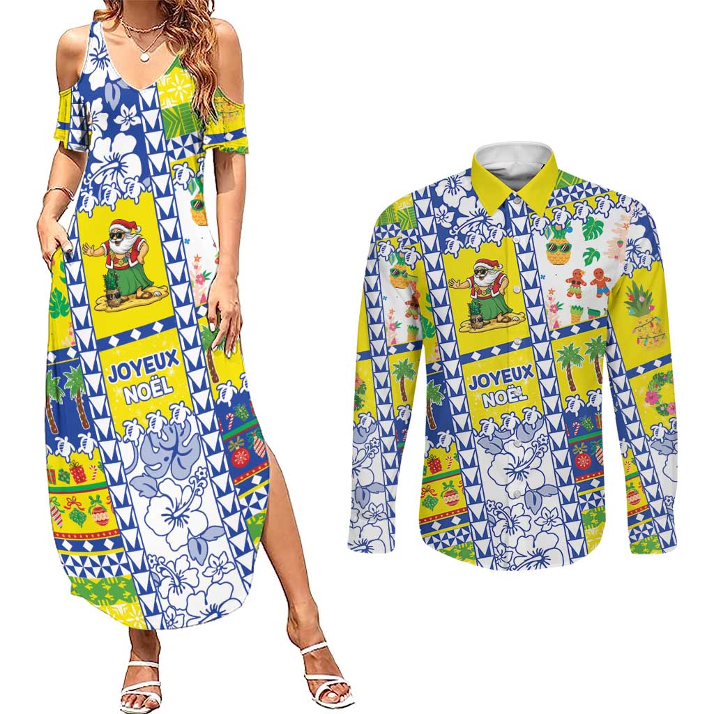New Caledonia Christmas Couples Matching Summer Maxi Dress and Long Sleeve Button Shirt Festive Beach Vibes LT05 Yellow - Polynesian Pride