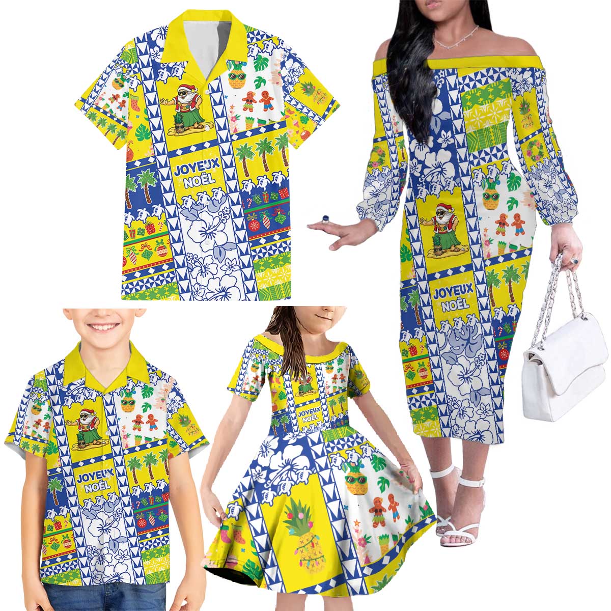 New Caledonia Christmas Family Matching Off The Shoulder Long Sleeve Dress and Hawaiian Shirt Festive Beach Vibes - Polynesian Pride