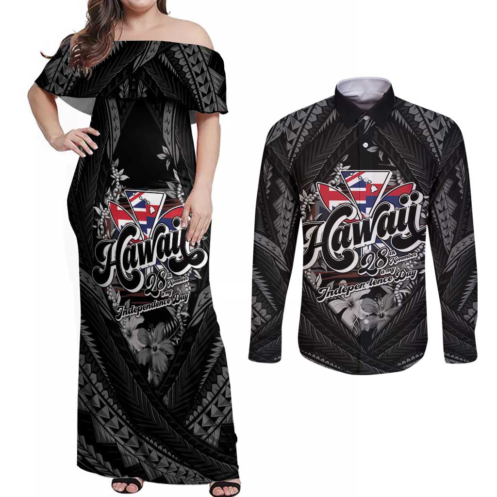 Hawaii November 28th Couples Matching Off Shoulder Maxi Dress and Long Sleeve Button Shirt Kanaka Maoli Tribal Pattern - Polynesian Pride