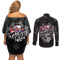 Hawaii November 28th Couples Matching Off Shoulder Short Dress and Long Sleeve Button Shirt Kanaka Maoli Tribal Pattern - Polynesian Pride