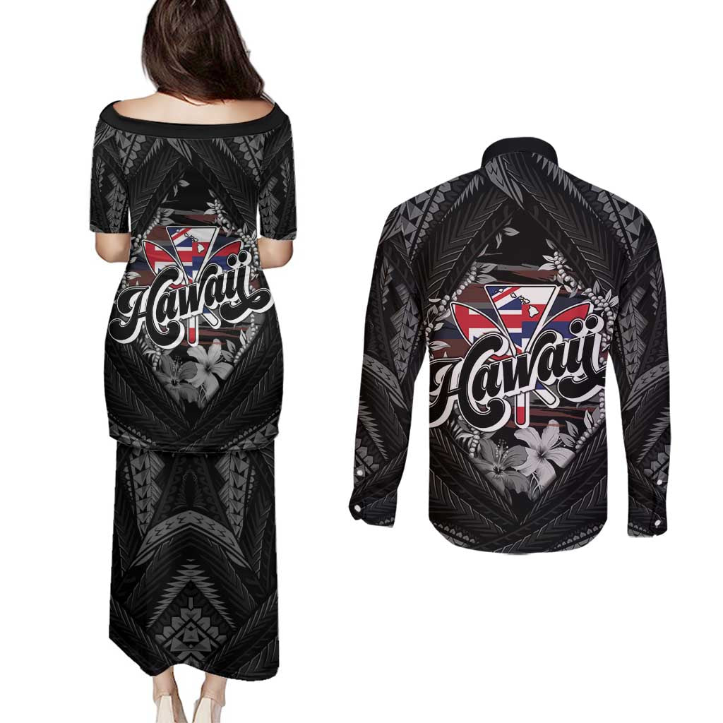 Hawaii November 28th Couples Matching Puletasi and Long Sleeve Button Shirt Kanaka Maoli Tribal Pattern - Polynesian Pride