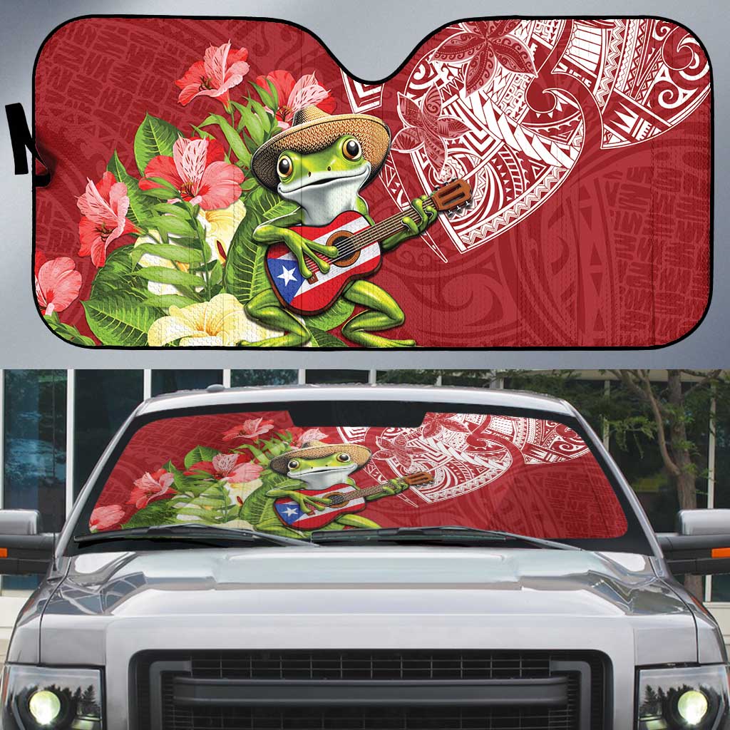 Puerto Rico Coqui Frog Auto Sun Shade Tropical Flowers Polynesian Style - Polynesian Pride